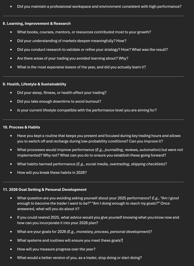 Trader_Dante's tweet image. A traders year-end review comes down to three questions: What worked well?  What didn’t?  What's next?  

Here is a structured 2025 Trading Performance Review for a deep dive into key issues including: edge decay, execution, psychology and more.

PDF: drive.google.com/file/d/1QPdnGS…