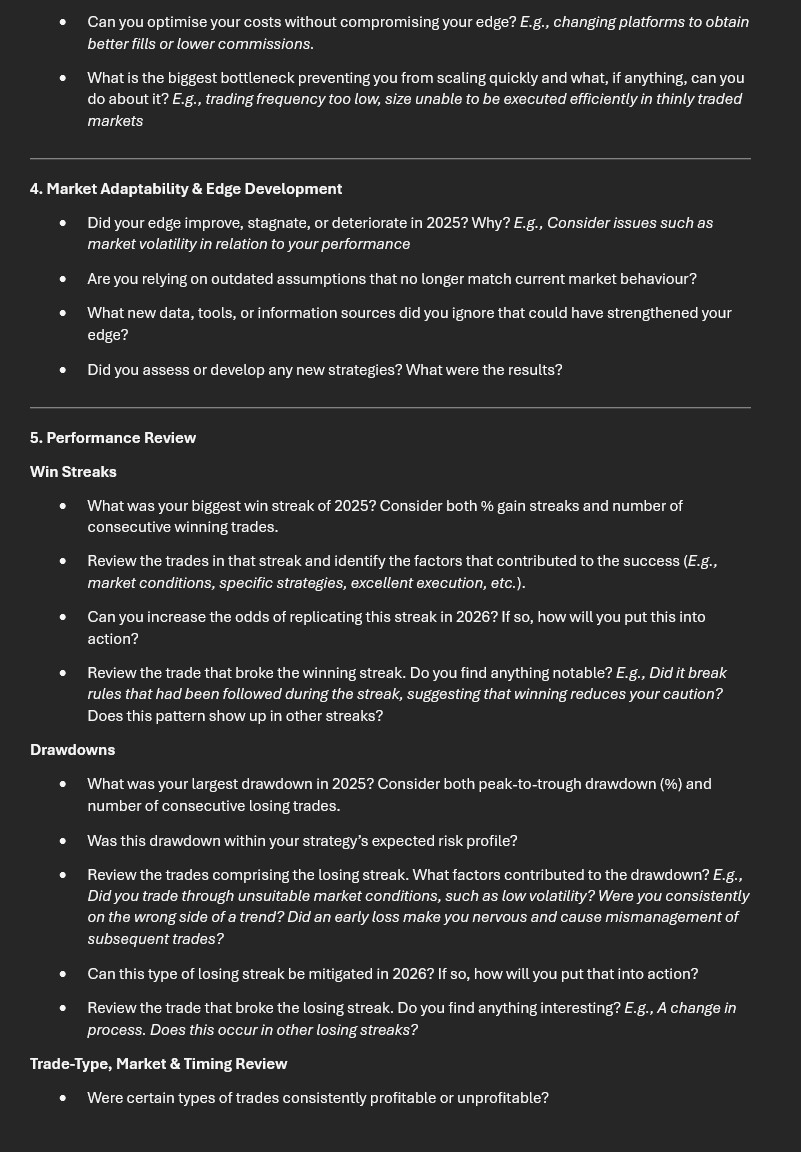 Trader_Dante's tweet image. A traders year-end review comes down to three questions: What worked well?  What didn’t?  What's next?  

Here is a structured 2025 Trading Performance Review for a deep dive into key issues including: edge decay, execution, psychology and more.

PDF: drive.google.com/file/d/1QPdnGS…