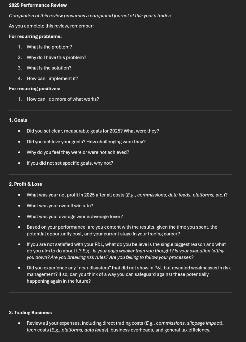 Trader_Dante's tweet image. A traders year-end review comes down to three questions: What worked well?  What didn’t?  What's next?  

Here is a structured 2025 Trading Performance Review for a deep dive into key issues including: edge decay, execution, psychology and more.

PDF: drive.google.com/file/d/1QPdnGS…