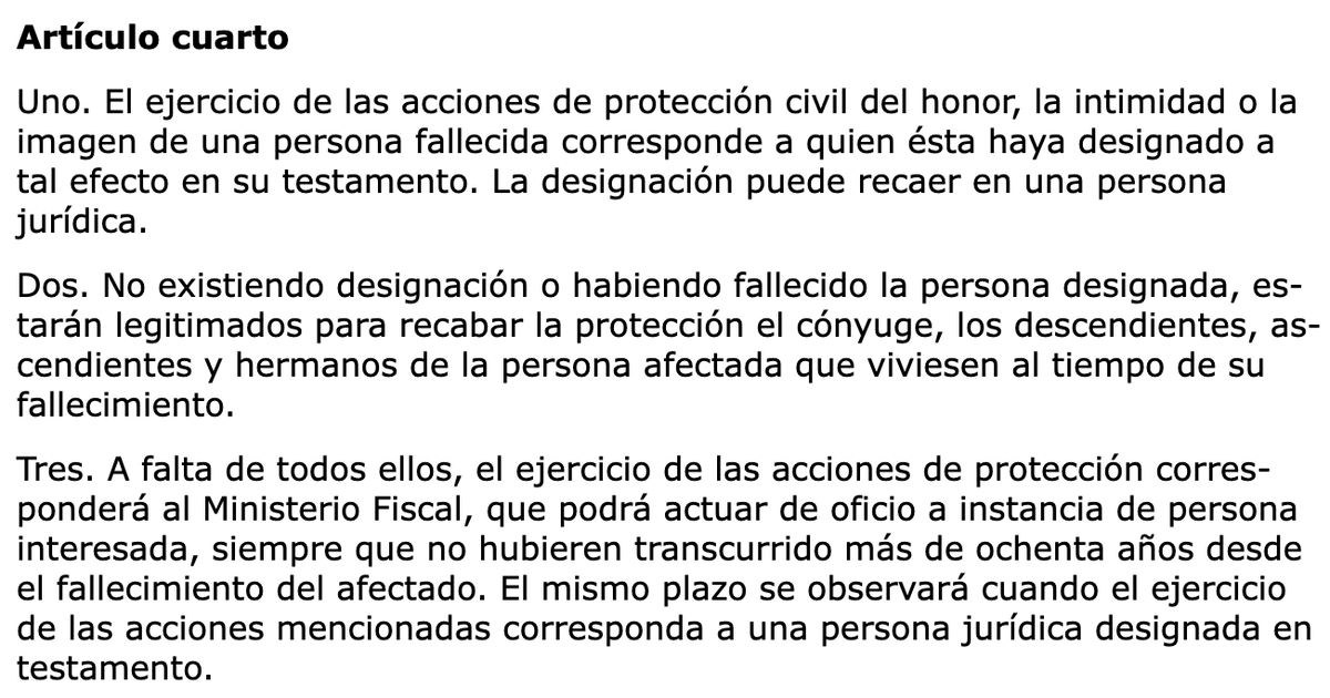 chemadepablo's tweet photo. Para quienes están acusando de un delito a una persona fallecida que no ha sido condenada, dejo aquí un pantallazo del Art. 4 de la LO 1/1982 de protección civil del derecho al honor. https://t.co/UJPl7PGQtU