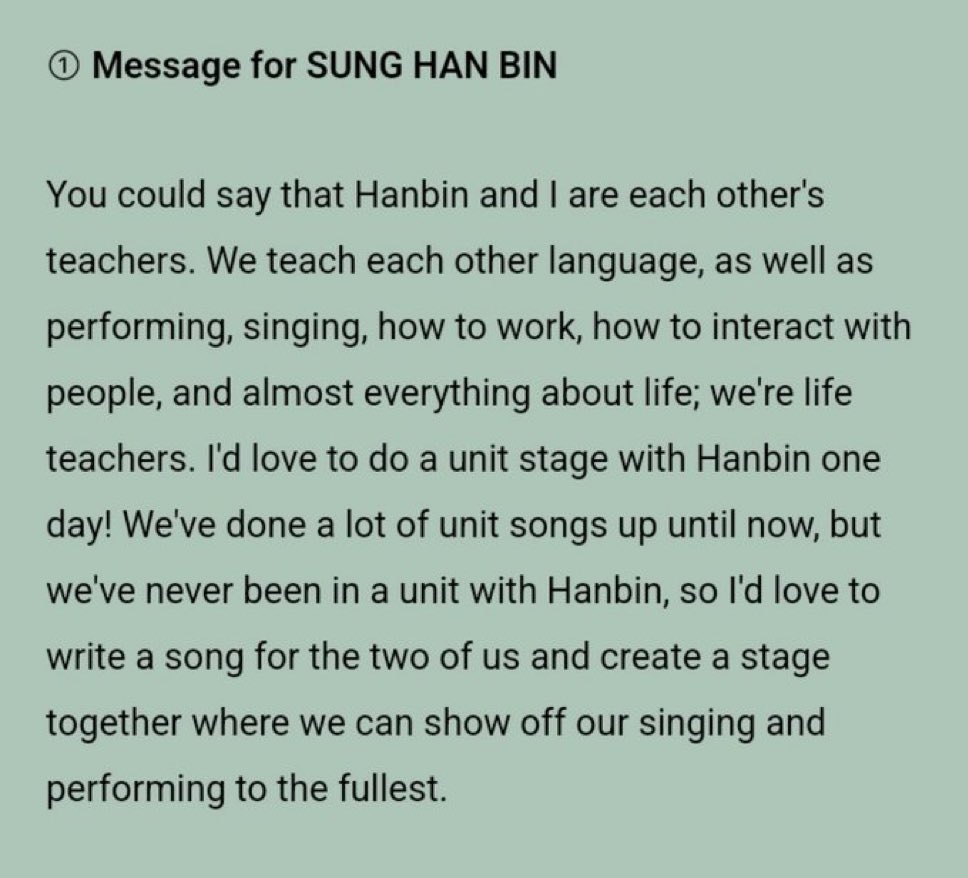 hao hao's message to hanbin 🥹😭
“hanbin and i are each other's teachers"
"i'd love to do a unit stage..."
"never been in a unit with hanbin"
"i'd love to write a dong for the two of us"

YEA IM UGLY SOBBING 😭😭😭😭