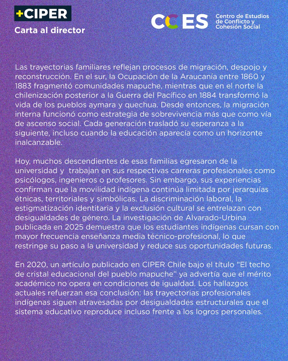 CentroCOES's tweet photo. Carta al director en CIPER Chile. Denisse Sepúlveda, investigadora adjunta de COES, aborda la movilidad indígena como un proceso marcado por despojo histórico y desigualdades persistentes.
https://t.co/i1YPg5ky7m https://t.co/LQrJ0avLlE