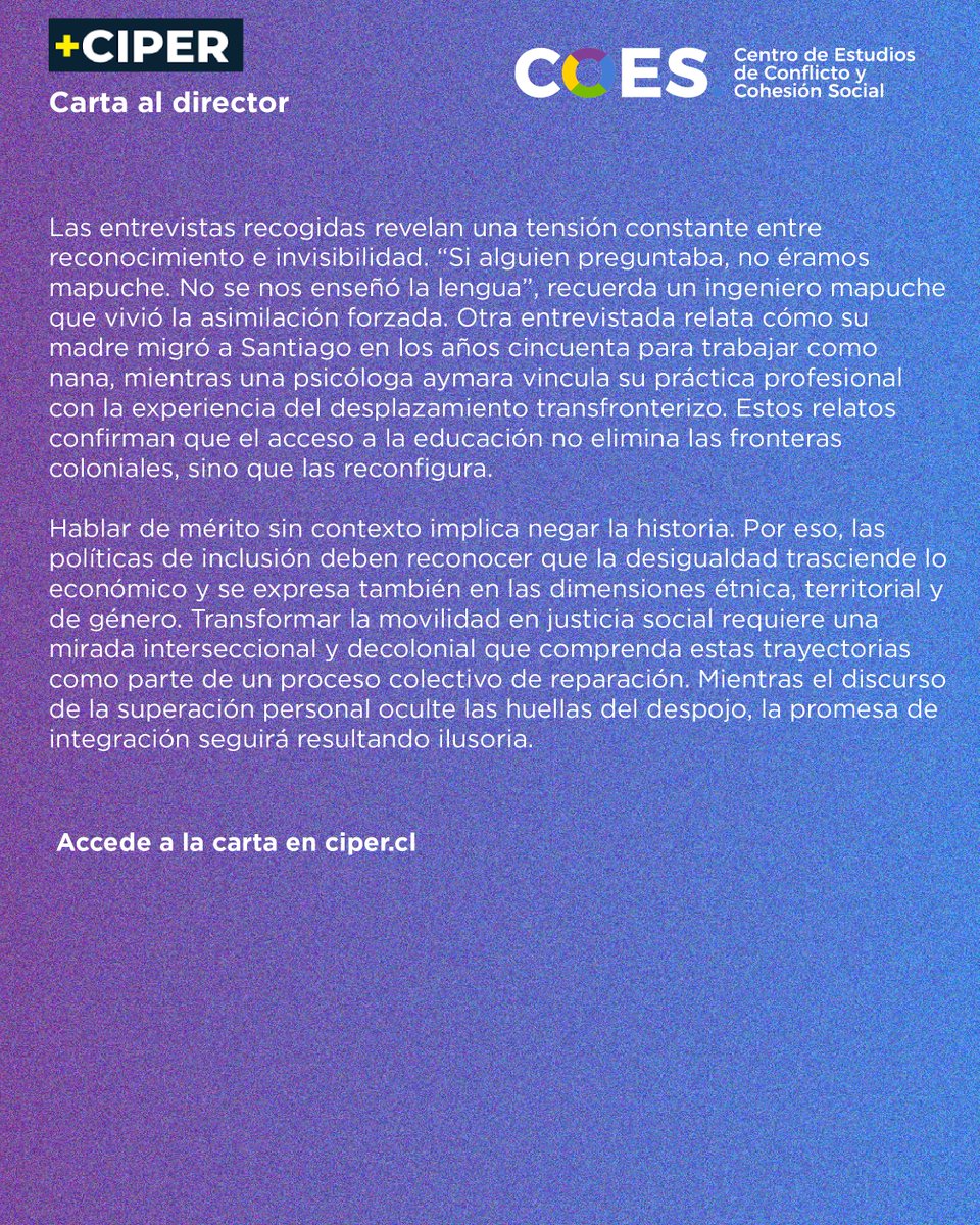 CentroCOES's tweet photo. Carta al director en CIPER Chile. Denisse Sepúlveda, investigadora adjunta de COES, aborda la movilidad indígena como un proceso marcado por despojo histórico y desigualdades persistentes.
https://t.co/i1YPg5ky7m https://t.co/LQrJ0avLlE