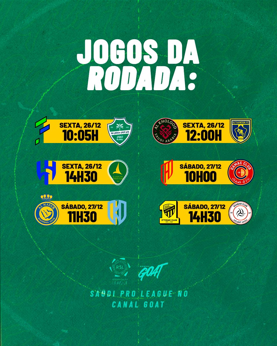 CONTAGEM REGRESSIVA: FALTAM APENAS 6 DIAS PRO SAUDITÃO NO GOAT! 🇸🇦

A saudade das estrelas tá grande? Calma, a Saudi Pro League retorna após a pausa e a rodada de Natal e Ano Novo promete ser simplesmente explosiva na tela do Bodinho! 🐐

Aqui no Canal GOAT, você acompanha tudo