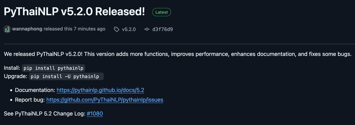 pythainlp's tweet photo. PyThaiNLP v5.2.0 Released!
https://t.co/WekVsrSIt4

#PyThaiNLP #ThaiNLP https://t.co/AfWcWlPRY4