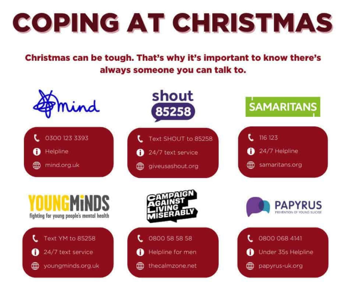 trefelinbgc's tweet image. You are not alone this Christmas. 

We are not all so fortunate to have people around us, and Christmas can be a tough time for many people.

If you are struggling please reach out to the helplines below or there is always somebody to talk to at the club ❤️

#youarenotalone