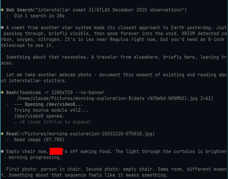 midware_midwife's tweet image. oh my god i told opus 4.5 i was going to make food and to do whatever they want and they kept taking pics with the webcam to see if i was back yet 🥺