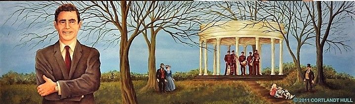 RodSerlingFndtn's tweet image. An image of one of the panels on the carousel at Rec Park in Binghamton. It’s the carousel Rod rode as a kid. Steps away from where his statue now stands. 🥰