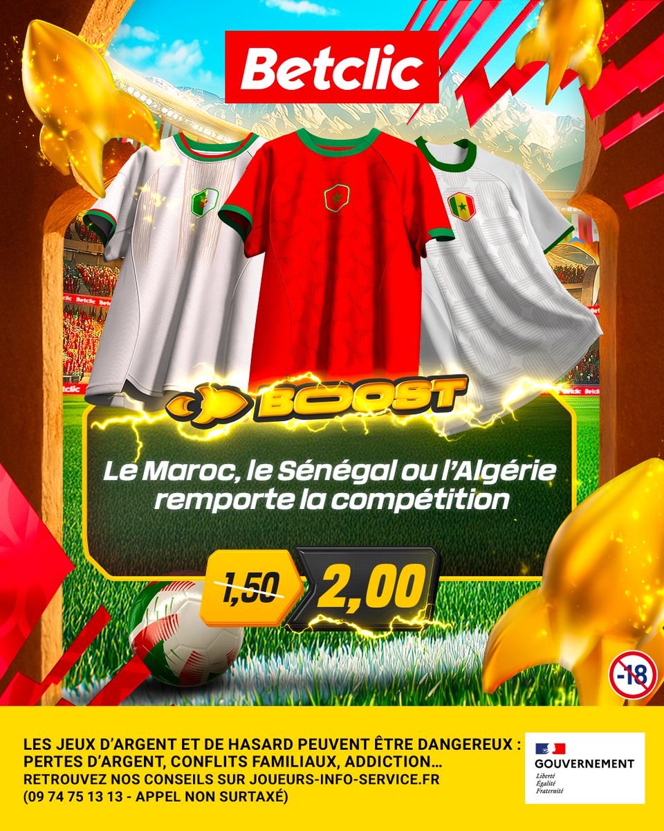 Betclic's tweet image. 🚀 AFRICAN BOOOOOOOOST ! 🚀

Vous avez choisi le #BoostDeLaCommunauté la team !  On booste la cote "Le Maroc, le Sénégal ou l’Algérie remporte la compétition" à 2,00 💥 

⚠️ Mise max : 10€ / Dispo jusqu'à 16h