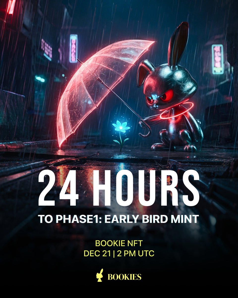 T-MINUS 24 HOURS. ⏳

The calm before the waiting is over. Tomorrow, the Bookie Mint begins.

Phase 1 is FCFS. Only the fastest will secure the Early Bird spots.

Set your alarms at Dec 21 | 2 PM UTC. Do not be late. 🐇