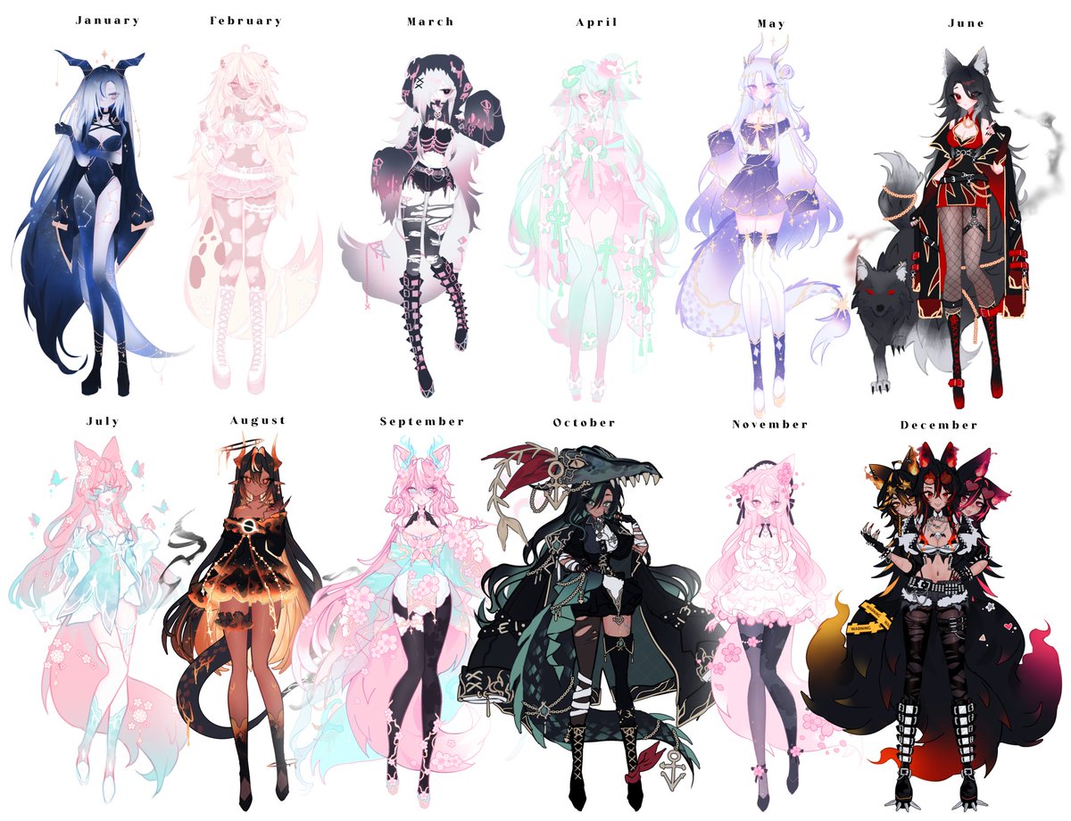 I’ve created 200+ designs this year! Here are some of my favorites from each month. It’s been a journey seeing my art style become more refined over time.

Can we hit 5K followers before the end of the year? Aaa we’re super close!! >u<)🩵

♡ &amp; ⟳ are super appreciated!