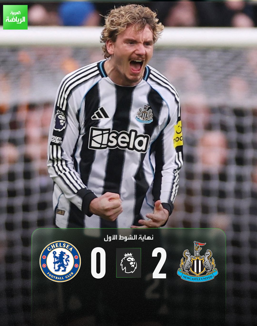 نهاية الشوط الأول بتقدم أصحاب الأرض. نيوكاسل يونايتد 2 (فولتماده ) تشيلسي 0 الدوري الإنجليزي سانت جيمس بارك 