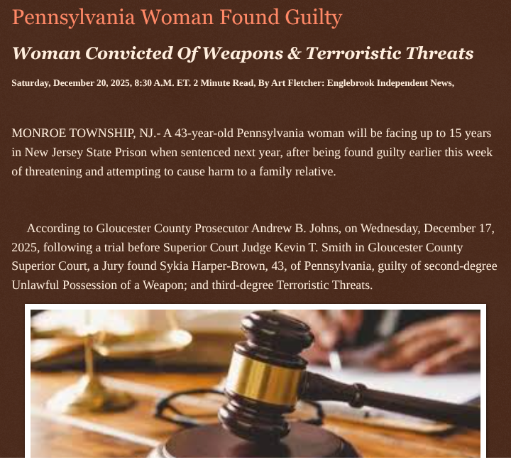 ArtFletcher9's tweet photo. Pennsylvania Woman Found Guilty https://t.co/ZbmExfmOEn via @Englebrooknews #NewJersey #CrimeNews #Gloucestercountynj #monroetownshipnj #guilty #verdict #weapons #terroristic #threats #Pennsylvania @wireless_step @HRG_Media @LodiNJNews @fordmb1 @SarahGeving1 @Shannon96574094 @Daytobehappy @janninereid1 @gator4kb18 @MichelleF_35 @TrumpWasRite2 @KathyKbrose @RobGerundo @JimBobW49