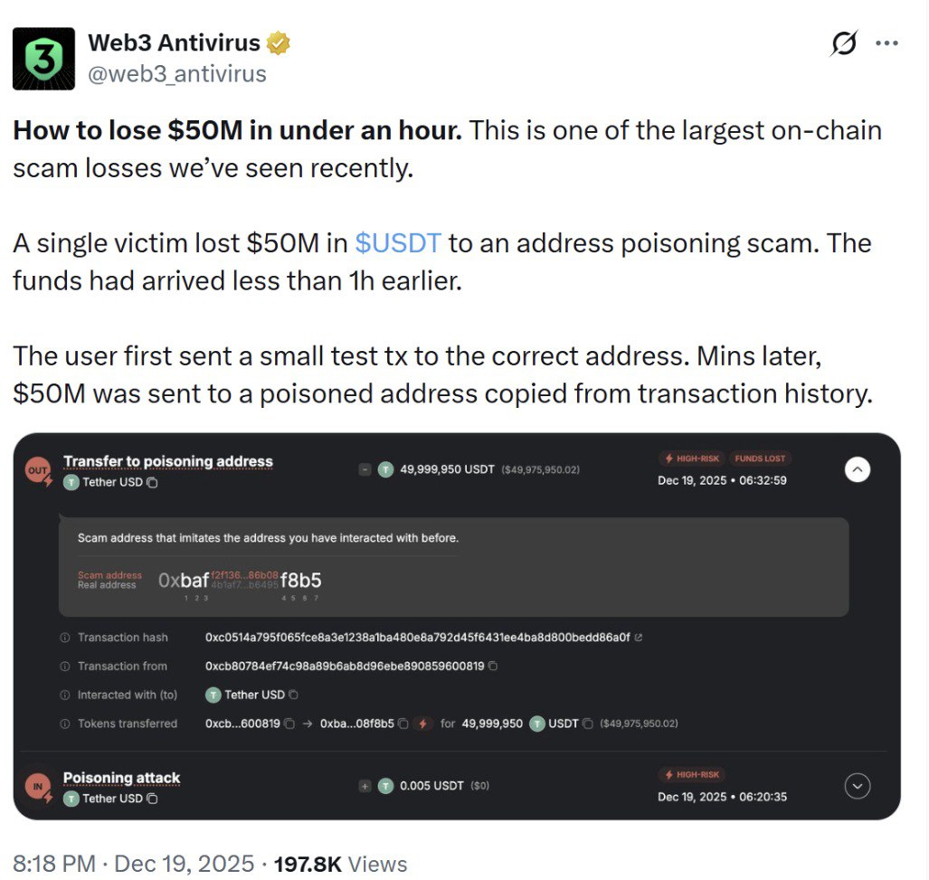 Always recheck wallet address - alerted A copy-paste slip sent nearly $50M USDT to a scam address.

Address poisoning plants look-alike wallets in your history.