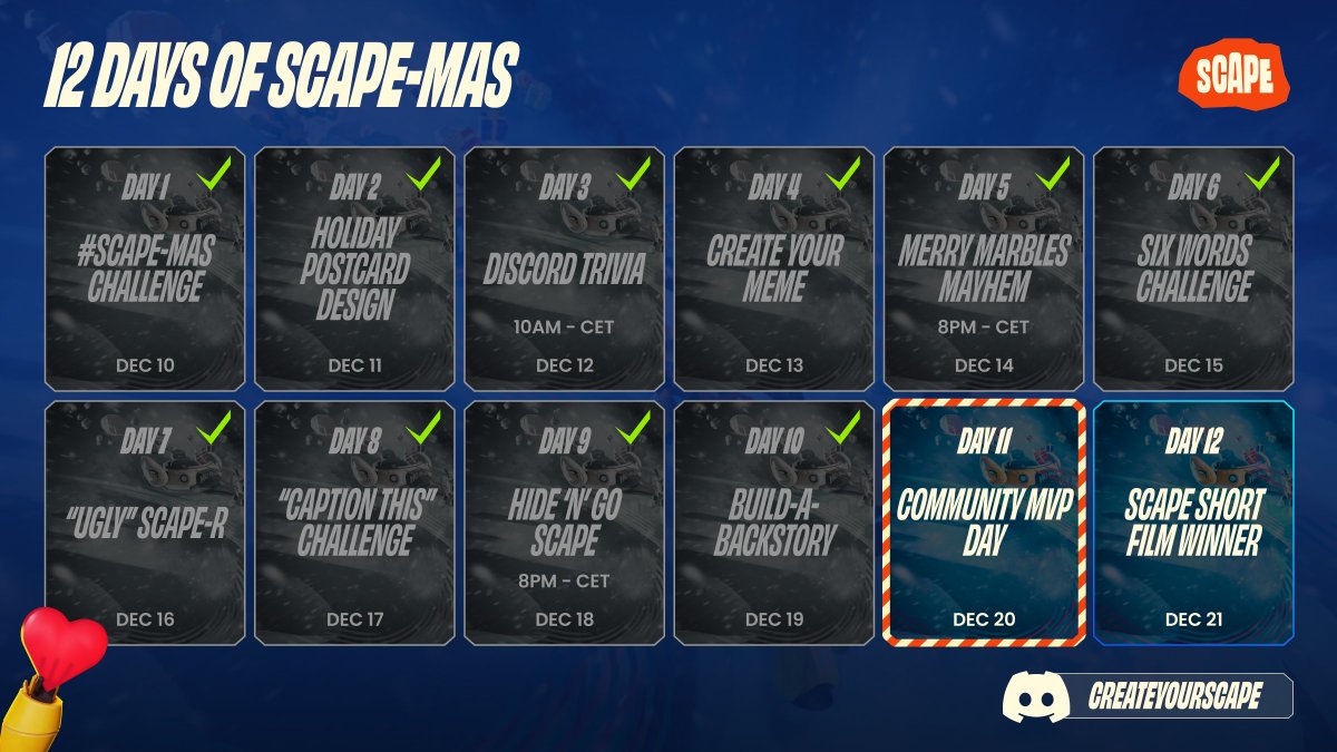 🏆 Scapemas Day 11: Community MVP Day! 💐 

Nominate a fellow Scaper who’s made a difference this season. To Nominate, please head inside our server and check our announcements tab for more information!

Let’s give a shoutout to our MVPs! 

#ScapeMas #Day11 #MVP