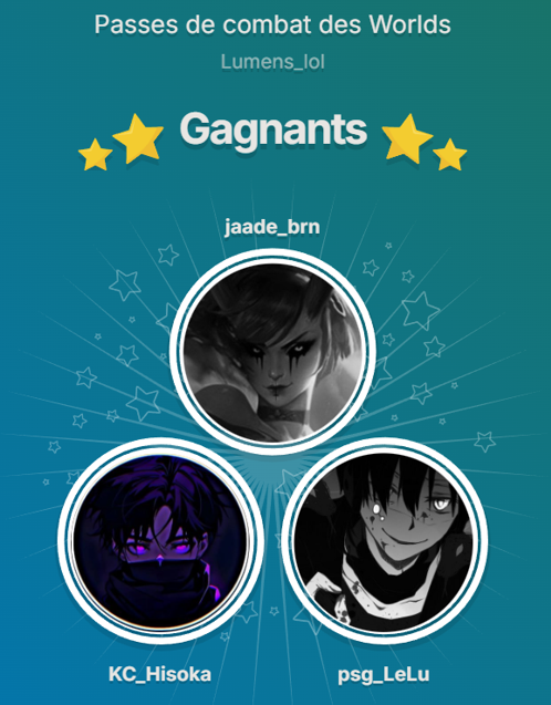 Les gagnants sont : <a href="/jaade_brn/">Sunka</a> <a href="/KC_Hisoka/">l ヒソカ゠モロウ 🃏 l</a> <a href="/psg_LeLu/">LeLu</a> 

Félicitations ! 🥳

Je vous contacte en MP pour vous donner votre code et vous expliquer comment l'activer ! 🎁