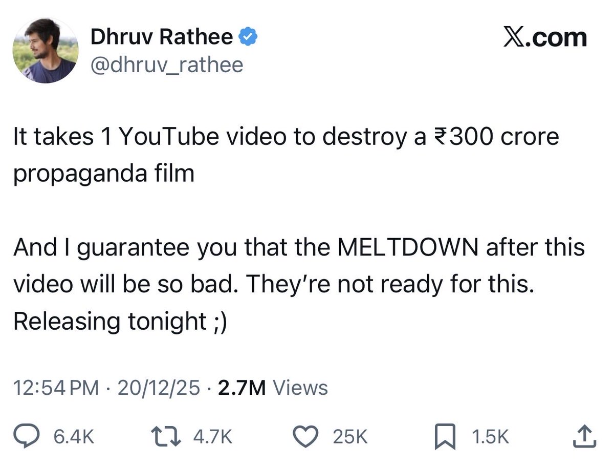 ajeetbharti's tweet image. जर्मन कुतिया समझती है कि दो सप्ताह बाद ‘धुरंधर’ पर वीडियो बना कर, उसे डिस्ट्रॉय कर देगी! उसने सोचा कि दो सप्ताह बाद तो ‘अवतार’ के आगमन से कमाई धीमी हो ही जाएगी, तब वह क्लेम करेगी कि देखो, मैंने गिरा दिया! 

दुर्भाग्य यह है कि ₹23 करोड़ वाले तीसरे शुक्रवार के साथ, धुरंधर इनकी माँ…