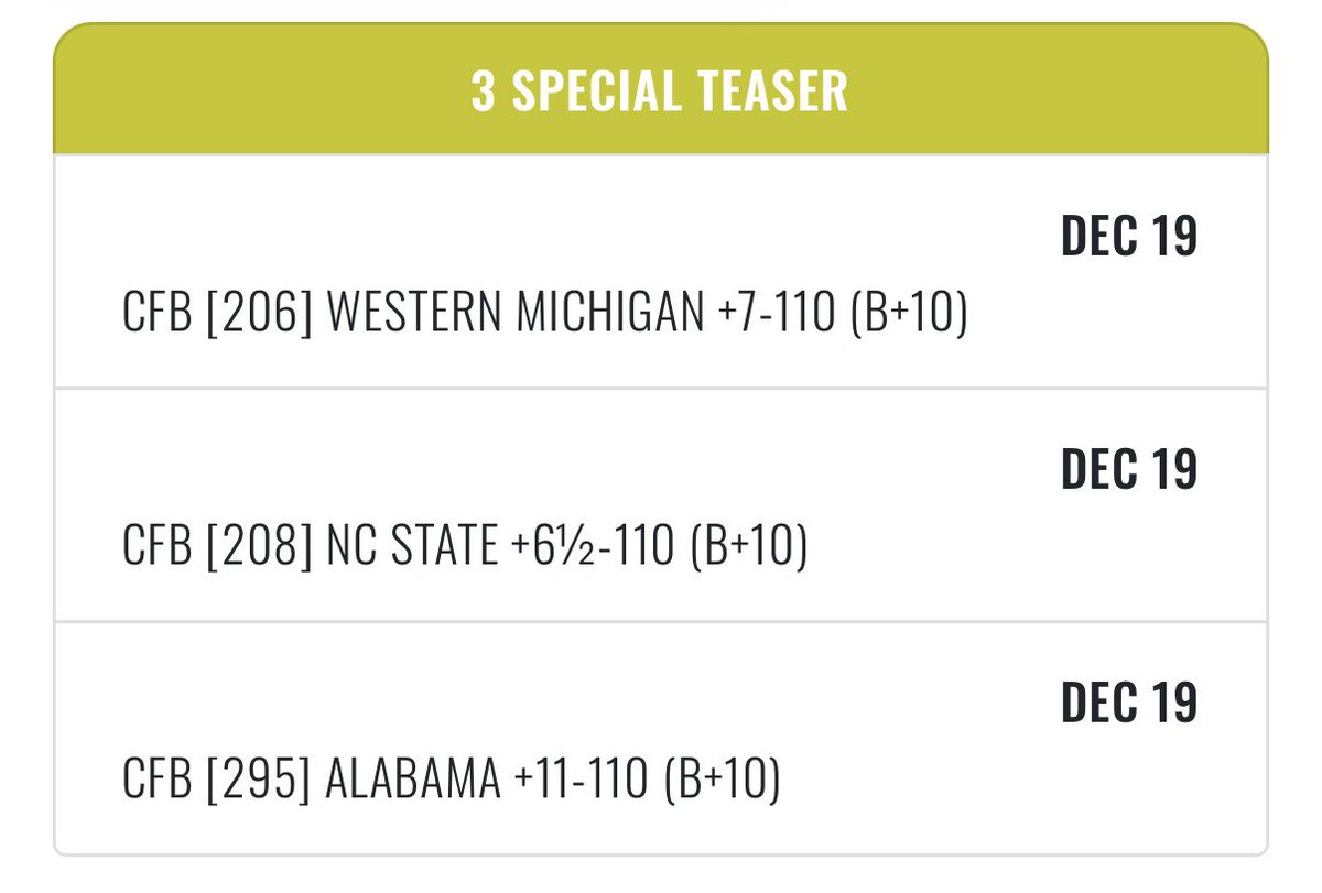 Those that are sub’d y’all had a massive day! I swept my CFB single bets &amp; teaser. <a href="/JBigsDFS/">JBigs | Jason 💎</a> swept his single bets too.

Click the link below if you want access to both of our plays or any other member of the <a href="/bigsbettingteam/">JBigs Betting Team</a> plays. Below are my winners!

dubclub.win/af/afl-wwb2b/