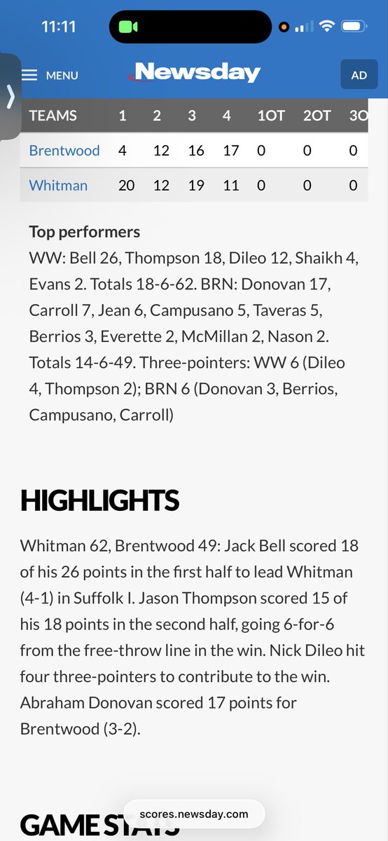 abraham_don10's tweet photo. -Tough loss to Walt Whitman in a league game for Brentwood

-Brentwood is 3-1 in there league now.
Abraham Donovan finished the game with 17pts 3 assists and 5 rebounds for Brentwood. https://t.co/GwDn0CceMk