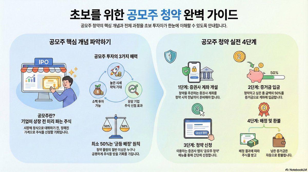 요즘 공모주로
커피값 버는 분들 많더라구요 ☕️

저도 투자해보려고
「왕보초보를 위한 공모주 청약 가이드」
정리해봤어요.

같이 천천히 공부해봐요!

1️⃣ 공모주가 뭐길래 다들 할까?
2️⃣ 공모주는 왜 돈이 될까?
3️⃣ 공모주 청약, 어떻게 하는데?
4️⃣ 균등이랑 비례, 누가 정해?