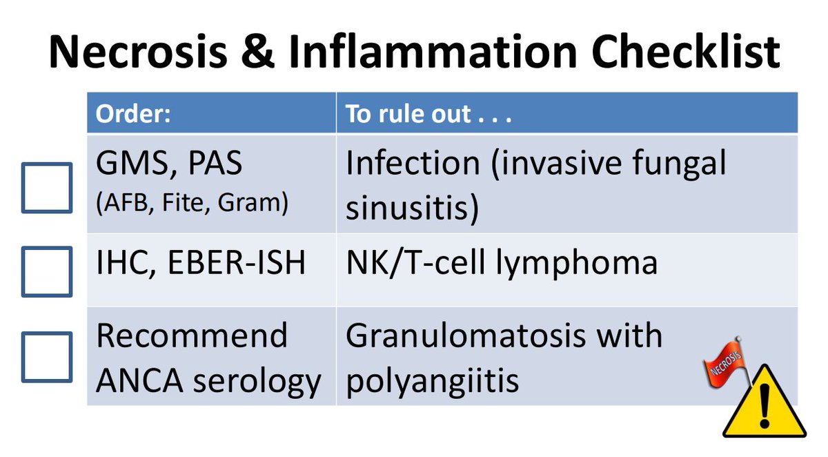Janiranavarro's tweet photo. Sinonasal biopsy showing necrosis and inflammation:

- GMS and PAS-F to rule out infection (invasive fungal sinusitis)
- IHC and EBER-ISH to rule out NK/T-cell lymphoma
- Recommend ANCA serology to rule out granulomatosis with polyangiitis

Dr. Nishino - 2025 Diagnostic Pathology Update #USCAP #pathology #PathX