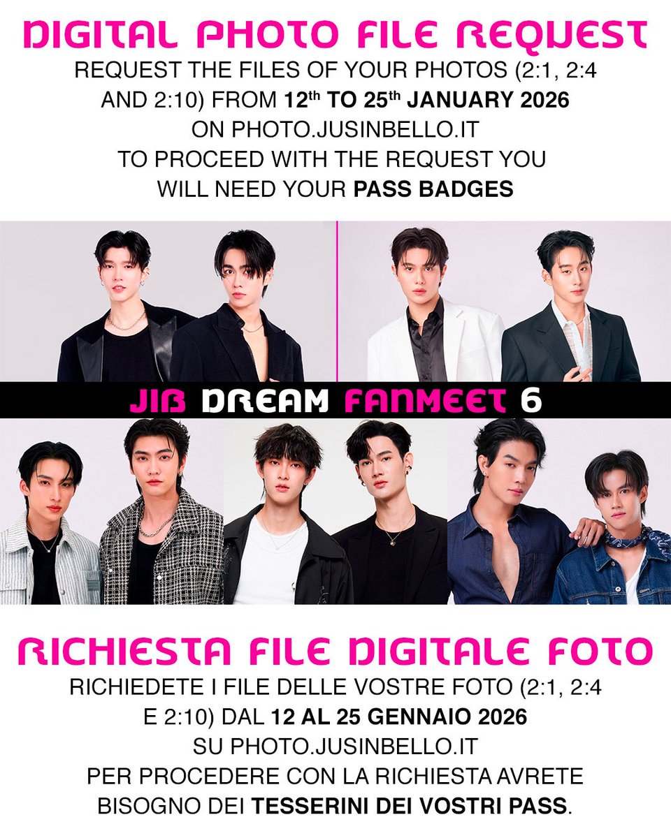 You can request files of your photos taken at #JIBDreamFanmeet6 from January 12 to 25, on our website PHOTO.JUSINBELLO.IT
Please keep your pass badges safe as you will need them to request your files.

For any question email us at staff@jusinbello.it