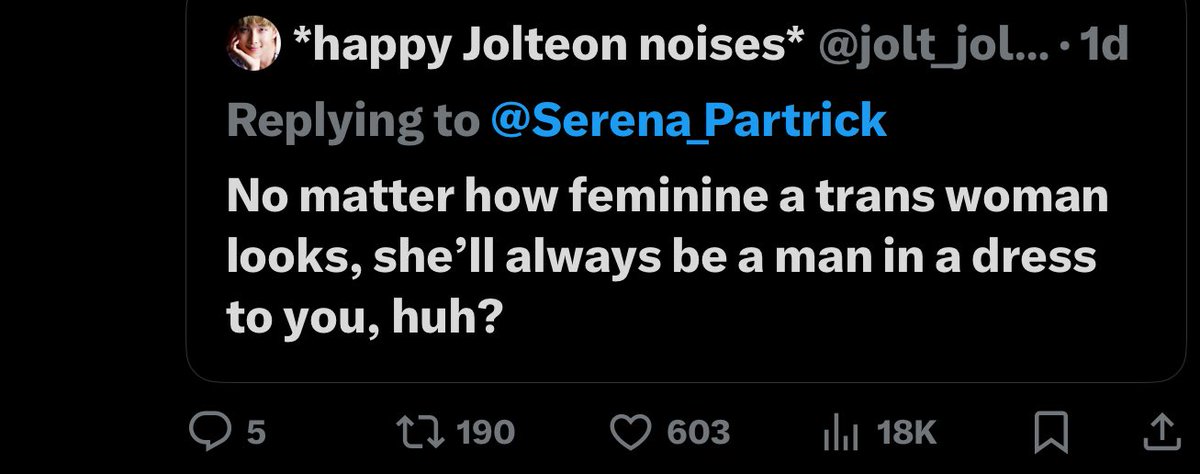 NumberOneCu's tweet image. I’m glad a TRA said it so clearly. These men think “woman” is just a sexy stereotype. Actual women know that looking feminine does not equal being a woman. We’re women in dresses and makeup and we’re women in sweatpants. And they’re still men no matter how feminine they look.