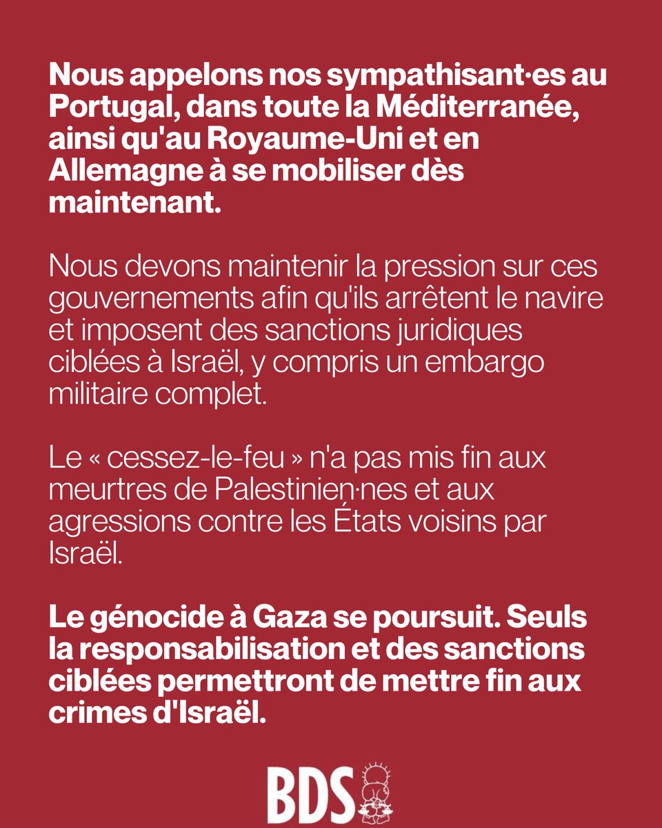 2/2 Soyons clair·es, il s'agit d'une livraison de matériel militaire qu'Israël utilisera dans son génocide contre les Palestinien·nes à Gaza.

BDS appelle à la mobilisation urgente de la société civile.

➡️ bdsfrance.org/le-partenaire-…