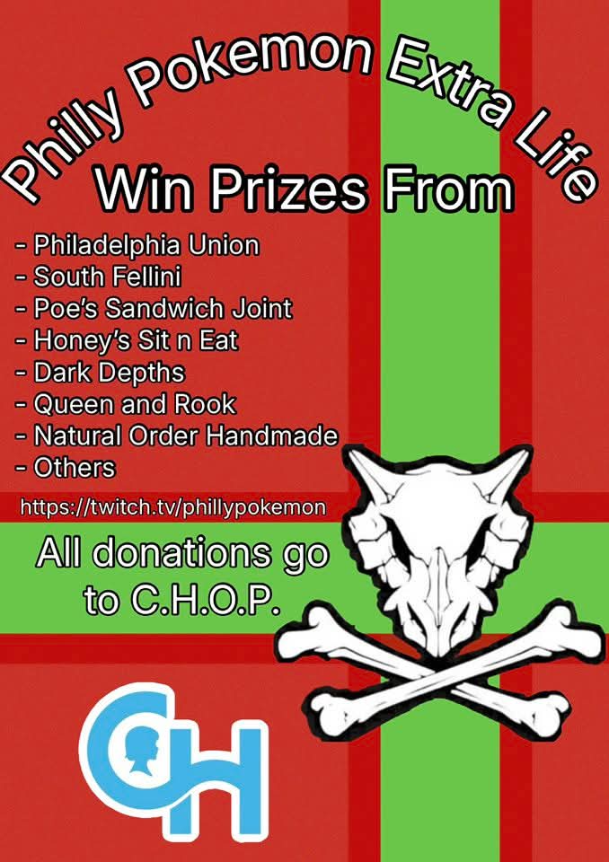 🎉 TODAY'S THE DAY!! 🎉

Philly Pokemon League's annual fundraiser for @extralife4kids is TONIGHT at 5pm Eastern!

Watch here: twitch.tv/PhillyPokemon 
Donate here: extra-life.org/participants/5…

All donations to benefit the kids at <a href="/ChildrensPhila/">Children's Hospital</a> this holiday season.