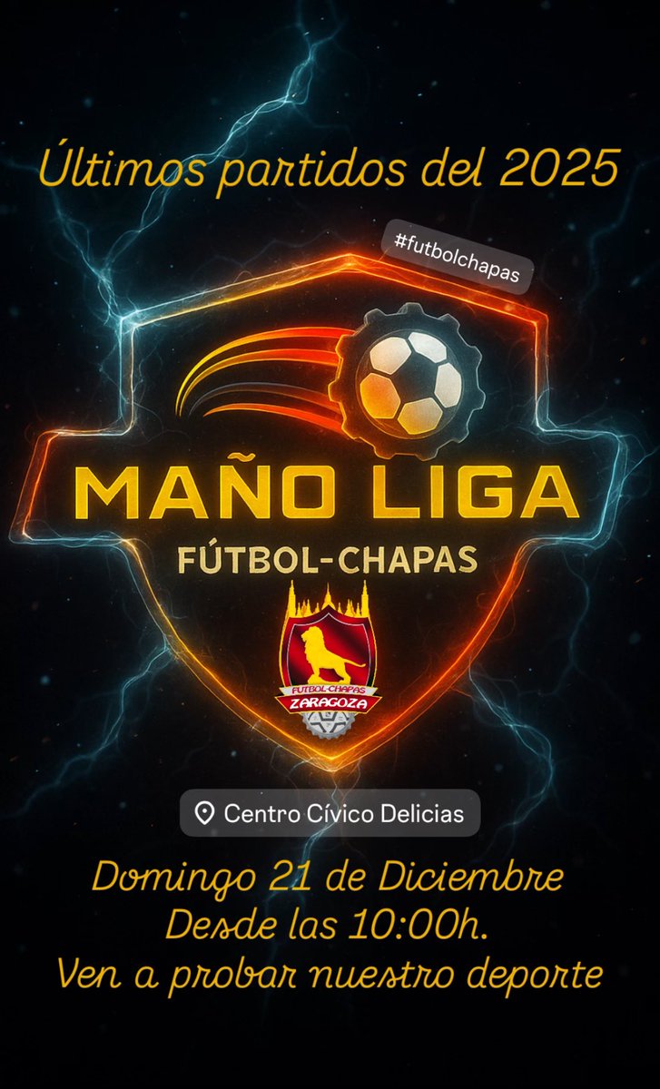 Vamos a por los últimos partidos del 2025 en nuestra MañoLiga #FutbolChapas Zaragoza 25/26 🏆⚽️👌🏻🥳
🏟️ Centro Cívico Delicias
🗓️ Domingo 21 de Diciembre ⏰ Desde las 10:00h
🫵🏻 Prueba el FútbolChapas sin compromiso. ¡¡Descubre por qué nuestro deporte engancha tanto!! 💥