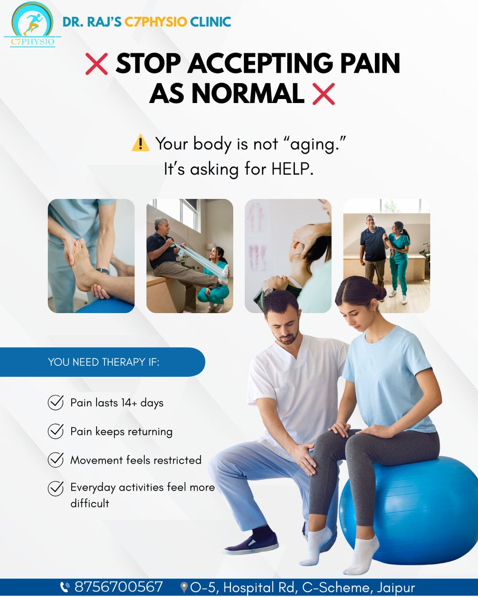 If you’ve been "dealing with it" for more than two weeks, it’s time to see a professional. Don't accept pain as your new normal.
Let’s get you back to your best self. DM us or call to book a consultation!

👨‍⚕️ Dr. Raj’s C7Physio Clinic
📍 C-Scheme, Jaipur 
📞 8756700567