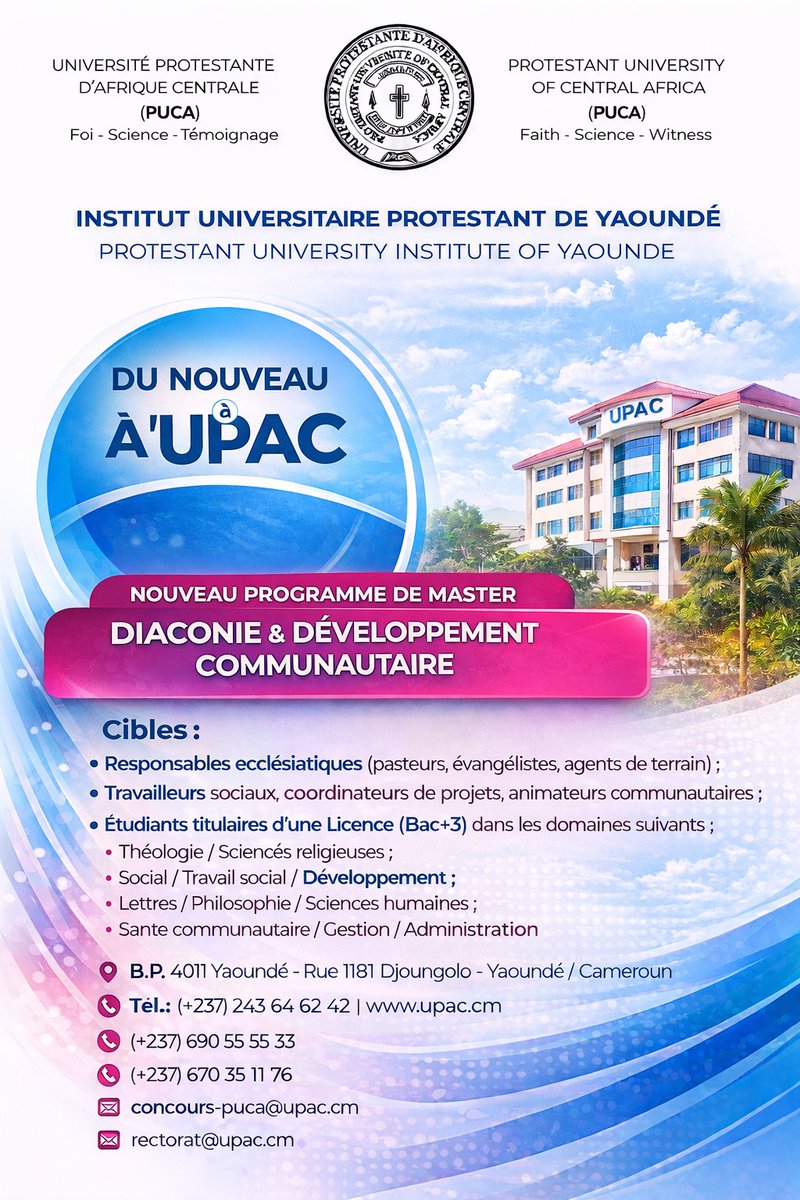 ComUpac's tweet image. Nouveau programme de Master en Diaconie et Développement Communautaire à l'Université Protestante d'Afrique Centrale, rentrée prévue en janvier 2026. Admissions avec tout type de licence