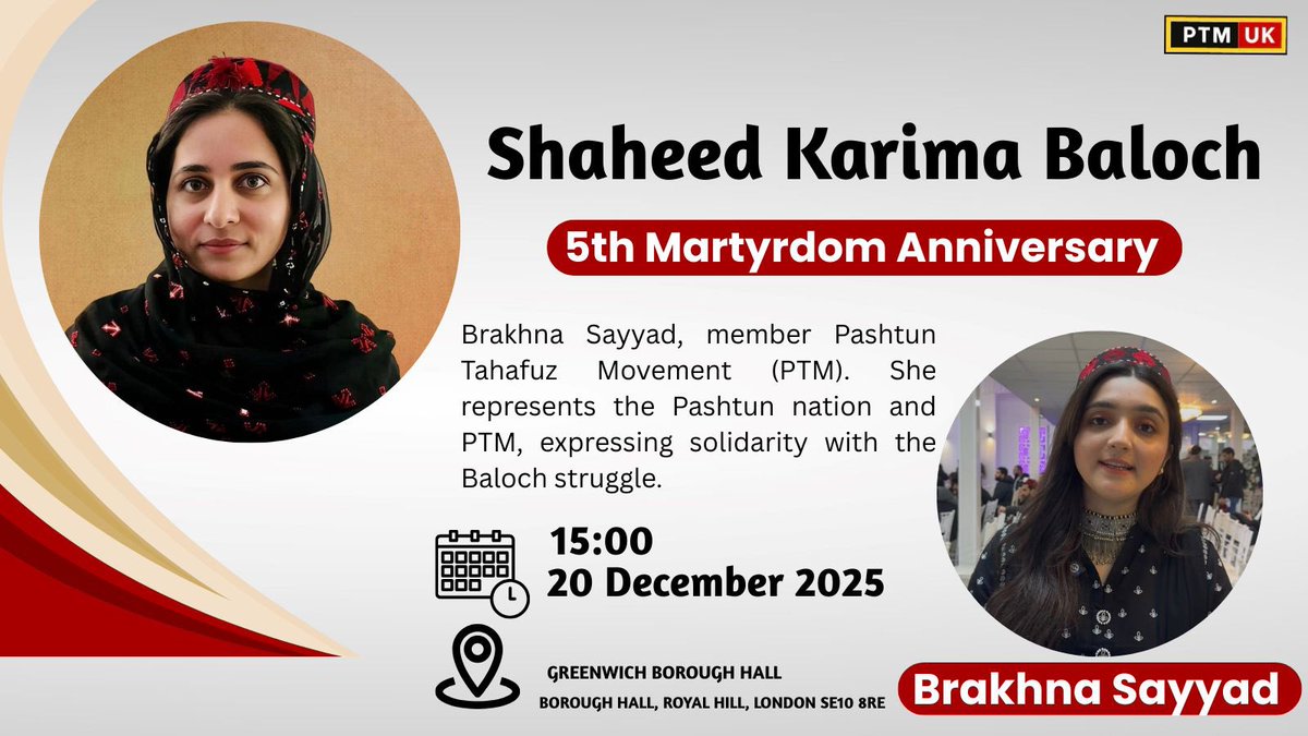 QaisarPathan01's tweet image. On the 5th Martyrdom Anniversary of Shaheed Karima Baloch, voices of resistance will unite in London to honor a fearless leader
#PTM
#PashtunBalochSolidarity
#PashtunBalochUnity
#HumanRights
#Resistance