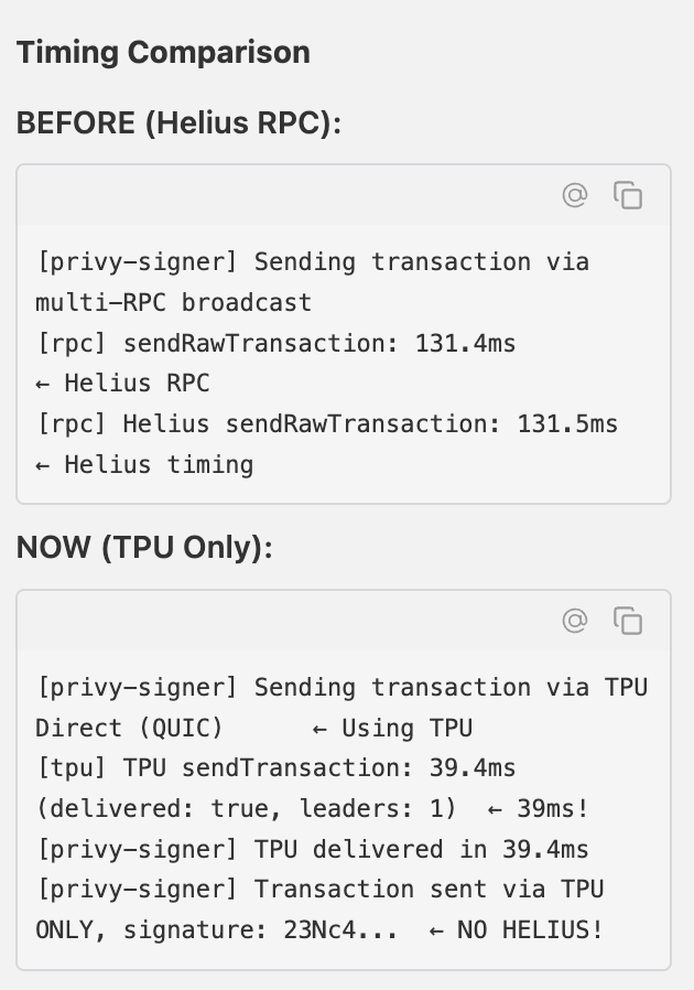 You literally can actually send transactions direct to the TPU, had no idea, infact I didn't quite believe the timing so I had GPT 5.2 and Opus 4.5 confirm it.

<a href="/jacobvcreech/">Jacob Creech</a> 

RPC's are for reading, TPU is for writing. Is this a new thing, is this something that Solana has