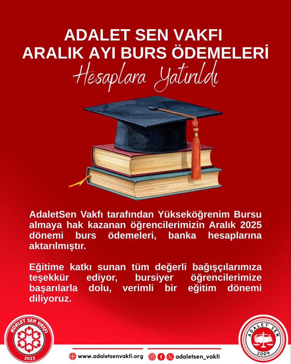 Adalet Sen Vakfı Aralık Ayı burs ödemeleri hesaplara yatırıldı.  <a href="/AdaletSenVakfi/">Adalet Sen Vakfı</a>