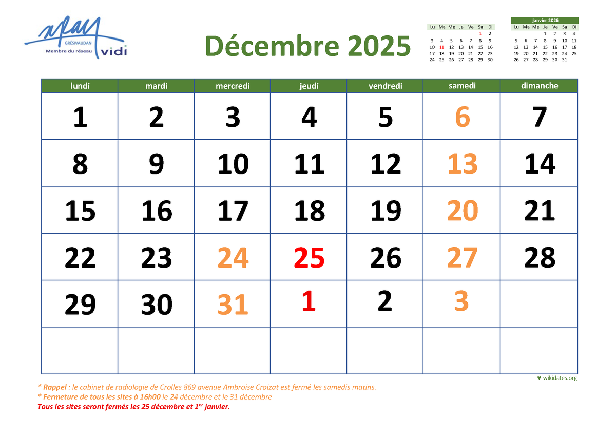 xraygresivaudan's tweet photo. Horaires fêtes de fin d'année : tous les sites fermeront à 16h00 les 24 décembre et 31 décembre.

Fermetures de tous les sites les 25 décembre et 1er janvier.

#radiologie #Crolles #pontcharra #saintismier #FNMR #vidi https://t.co/c8FDtVvA9N