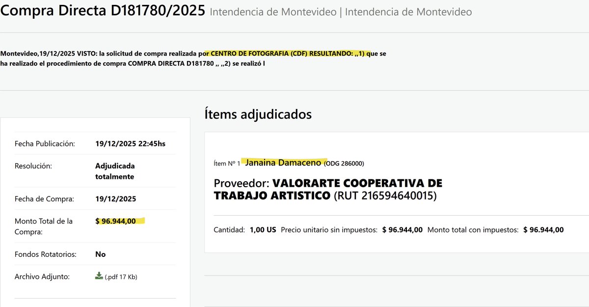 BRASIL: La Intendencia de Montevideo, a través del Centro de Fotografía pagó a Janaina Damaceno $ 96.944. Tus pagos de TRIBUTOS en acción.