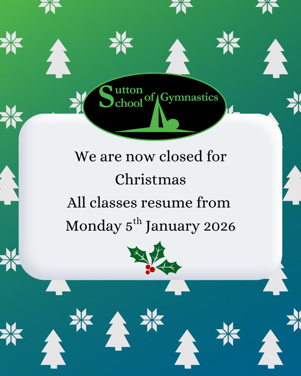 SuttonGymnastic's tweet photo. We are now closed for Christmas and we reopen on Monday 5th January!

If you need to contact us, please send us an email and we will get back to you when we reopen.

We hope everyone has a nice Christmas break and we look forwards to seeing everyone back in the gym in 2026! https://t.co/PB4pLV42oc