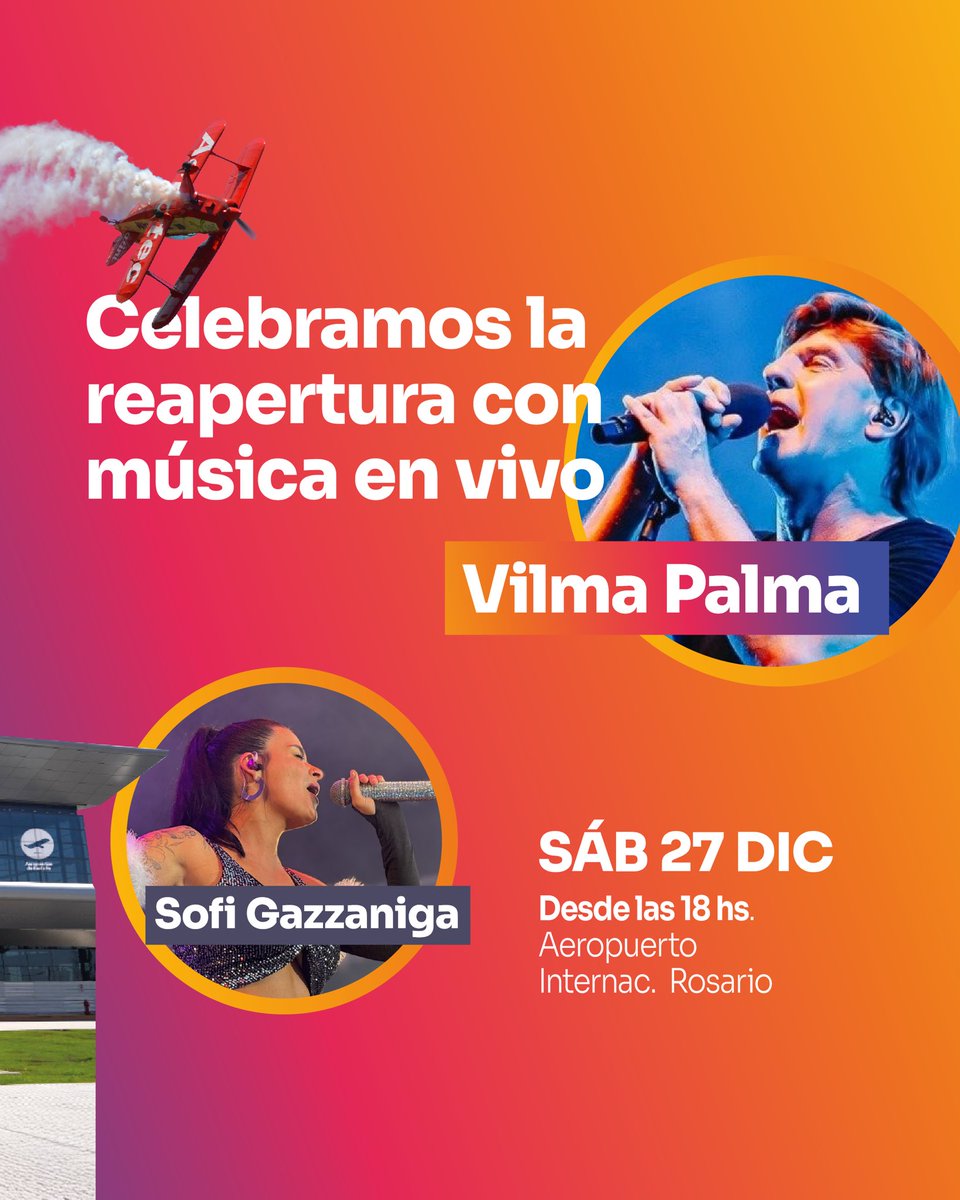 ¡Reapertura del Aeropuerto Internacional #Rosario!

El próximo sábado 27 celebramos la reapertura con
shows en vivo de Vilma Palma y Sofi Gazzaniga.

👉🏼 Más vuelos, más turismo, más oportunidades.

Rosario se conecta al mundo