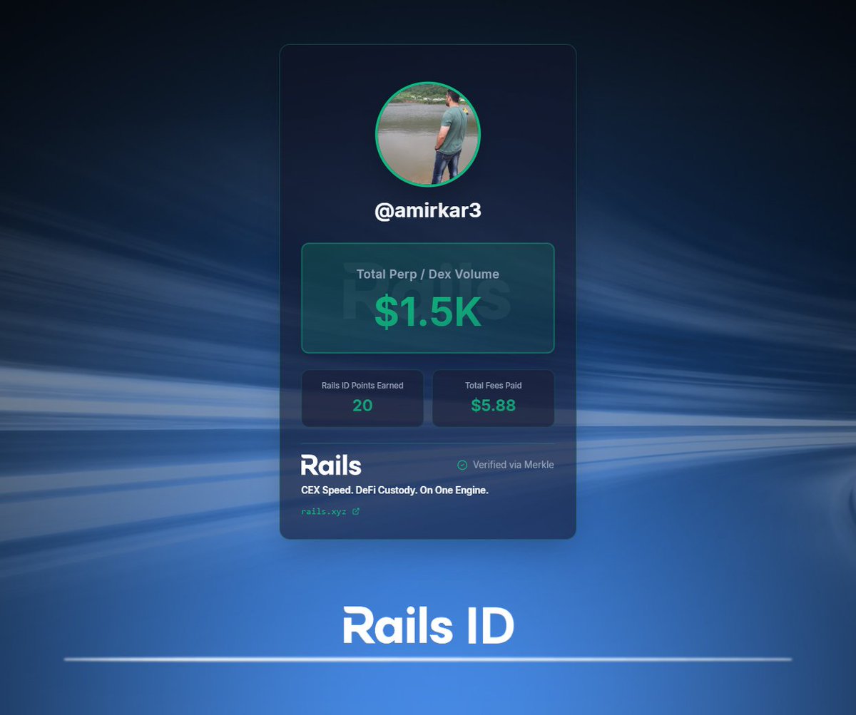 amirkar3's tweet photo. I just got my Rails ID. It pulls my DEX volume history into a single card and shows 20 Rails ID Points earned so far.

 Now it’s all about Rails Play: @rails_xyz ’s perps training ground.

Claim your Rails ID now: https://t.co/u9FZ06mzu5 https://t.co/Ev3QuKWidO