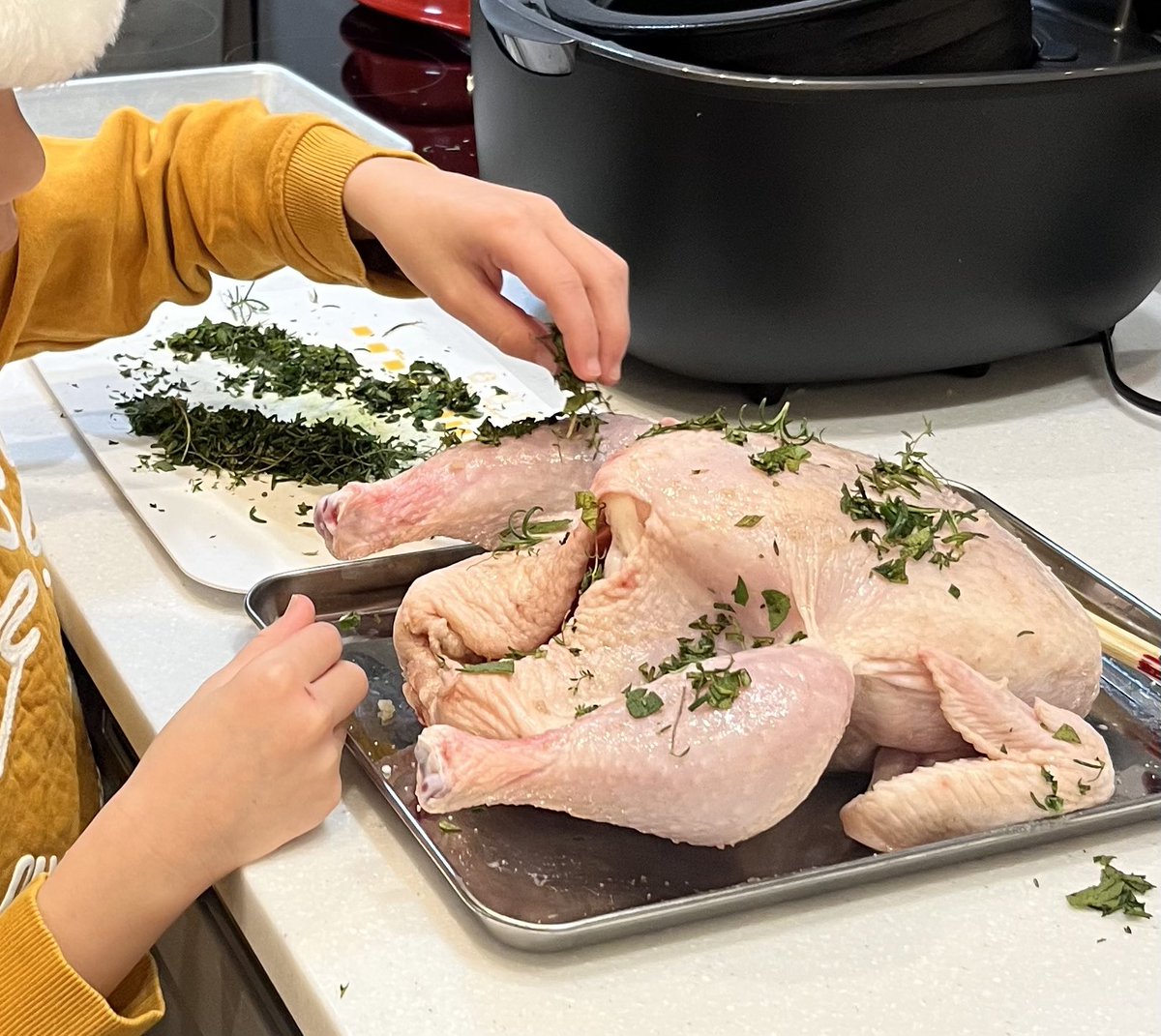 明日はクリスマスパーティー。私のかわいいハーブたちを刻んで、鶏の下ごしらえ。ブラウニーはわざわざサンタ帽を被って作業してます。
