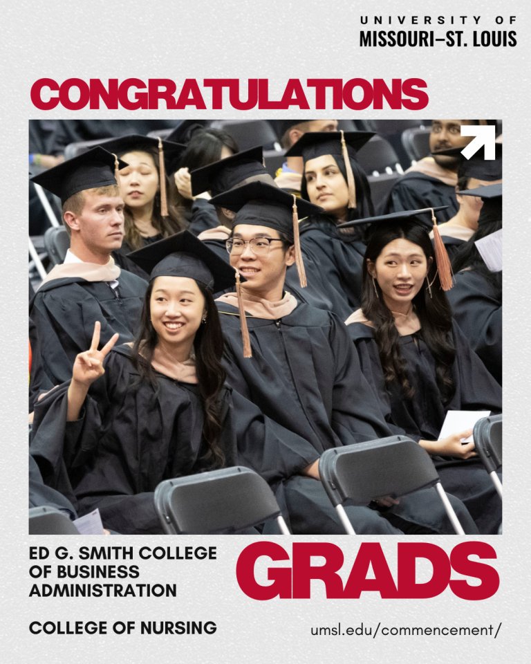 Congratulations to UMSL Fall 2025 graduates from the Ed G. Smith College of Business Administration and the College of Nursing! Celebrate today and watch the commencement ceremony live at 9:00 a.m. CDT: umsl.edu/commencement/