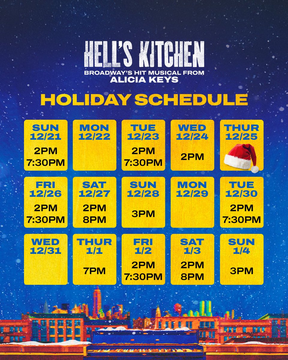 HellsKitchenBwy's tweet photo. Come experience where dreams begin this holiday season! ☃️🎁✨ #HellsKitchenBway
Tickets: https://t.co/JOrgEQTJ7s https://t.co/w5LxBjrKSd