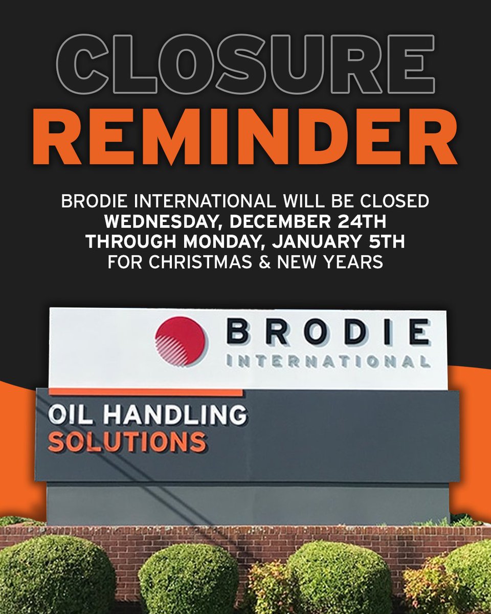 brodieintl's tweet photo. Just a reminder that Brodie will be closed December 24th- January 5th so our employees can spend the holidays with their families! 🎄

#EveryDropCounts #TEAMBrodie https://t.co/cOTiZkbzTh