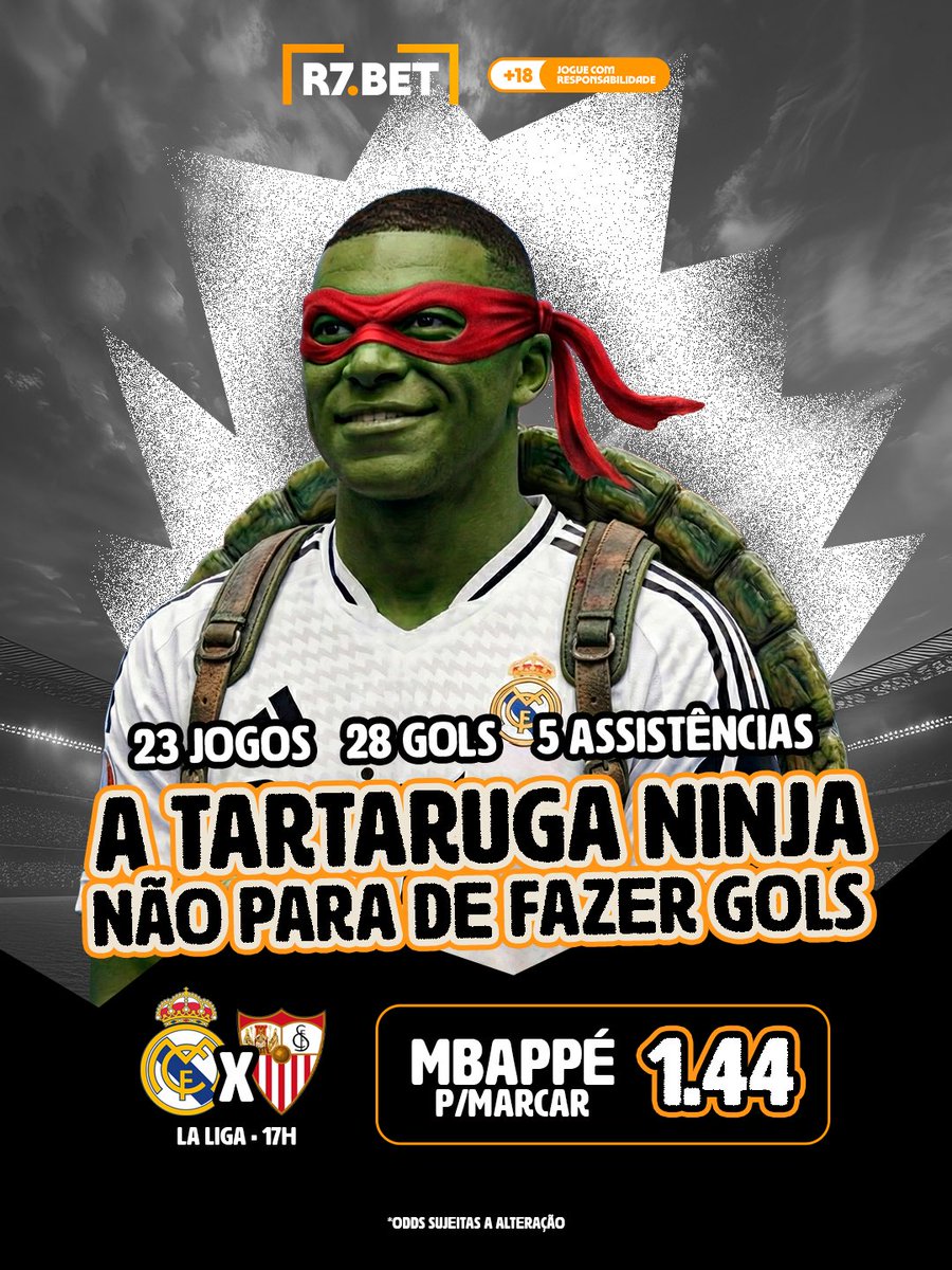 A Tartaruga Ninja tá impossível, jogador.
🐢⚽
Mbappé vive fase absurda: 23 jogos, 28 gols e 5 assistências, e hoje encara o Sevilla em mais uma partida de La Liga. 🔥
Você acha que ele marca de novo?
Palpite nos comentários e bora de fezinha na R7! 👀🚀
#R7BET #jogoresponsável🔞