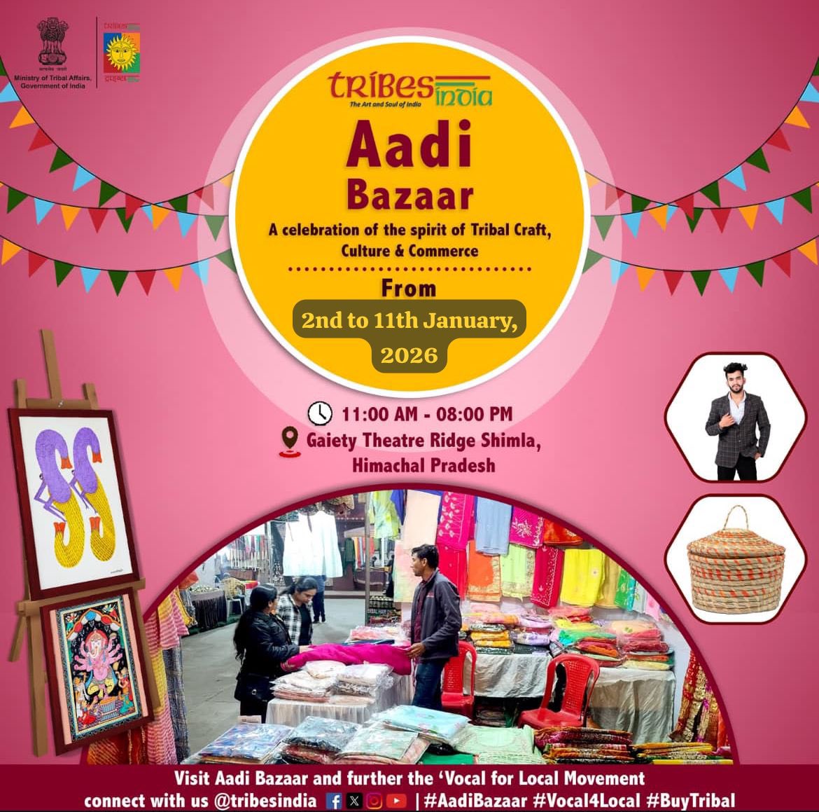 Experience the best of India’s tribal crafts, colors, and culture all in one place. Find your next favorite piece at the Aadi Bazaar this Jan.
📍Multipurpose Hall Gaiety Theatre, Shimla.
🗓️ 2nd jan to 11th jan
⏰ 11:00 AM – 8:00 PM
#aadibazar #vocal4local #buytribal <a href="/tribesindia/">TRIBES INDIA</a>