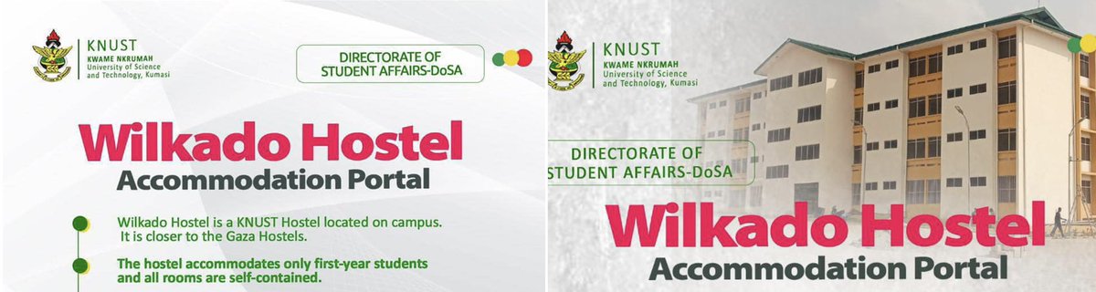 Prospective students and guardians are kindly informed that the Wilkado Hostel booking portal will be opening soon for all newly admitted KNUST students. Further updates will be communicated in due course.

#KNUSTGazetteBulletin || #InsideKNUST