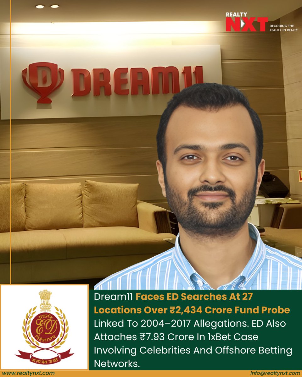 RealtyNXT's tweet image. #News | ED Conducts Searches At 27 Locations In ₹2,434 Crore Fund Case Linked To 2004–2017 Period And Attaches ₹7.93 Crore In 1xBet Celebrity Betting Probe.

#RealtyNXT #EDProbe #MoneyLaunderingCase #Dream11News #RealEstateFraud #1xBet #CelebrityEndorsements #FinancialCrime