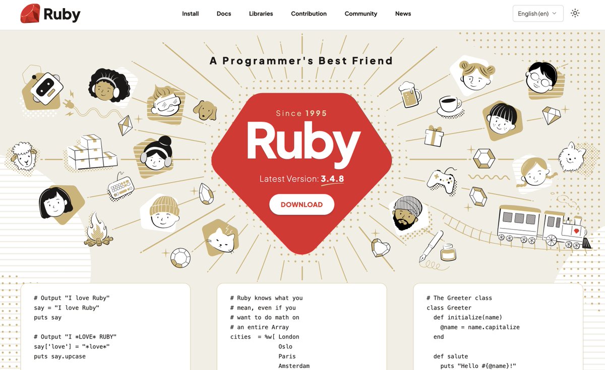 MrAndreTeodoro's tweet image. What a great time to work with Ruby 😊

Ruby just received a beautiful and well deserved website redesign, just in time of the release of Ruby 4.0.0 💎

ruby-lang.org/en/