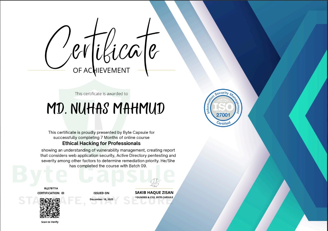 NuhasMahmud's tweet image. Completed 7 months of cybersecurity training at Byte Capsule.
Learned ethical hacking &amp;amp; practical web security skills.
Grateful for the journey. More to come.

#ByteCapsule #CyberSecurity #EthicalHacking